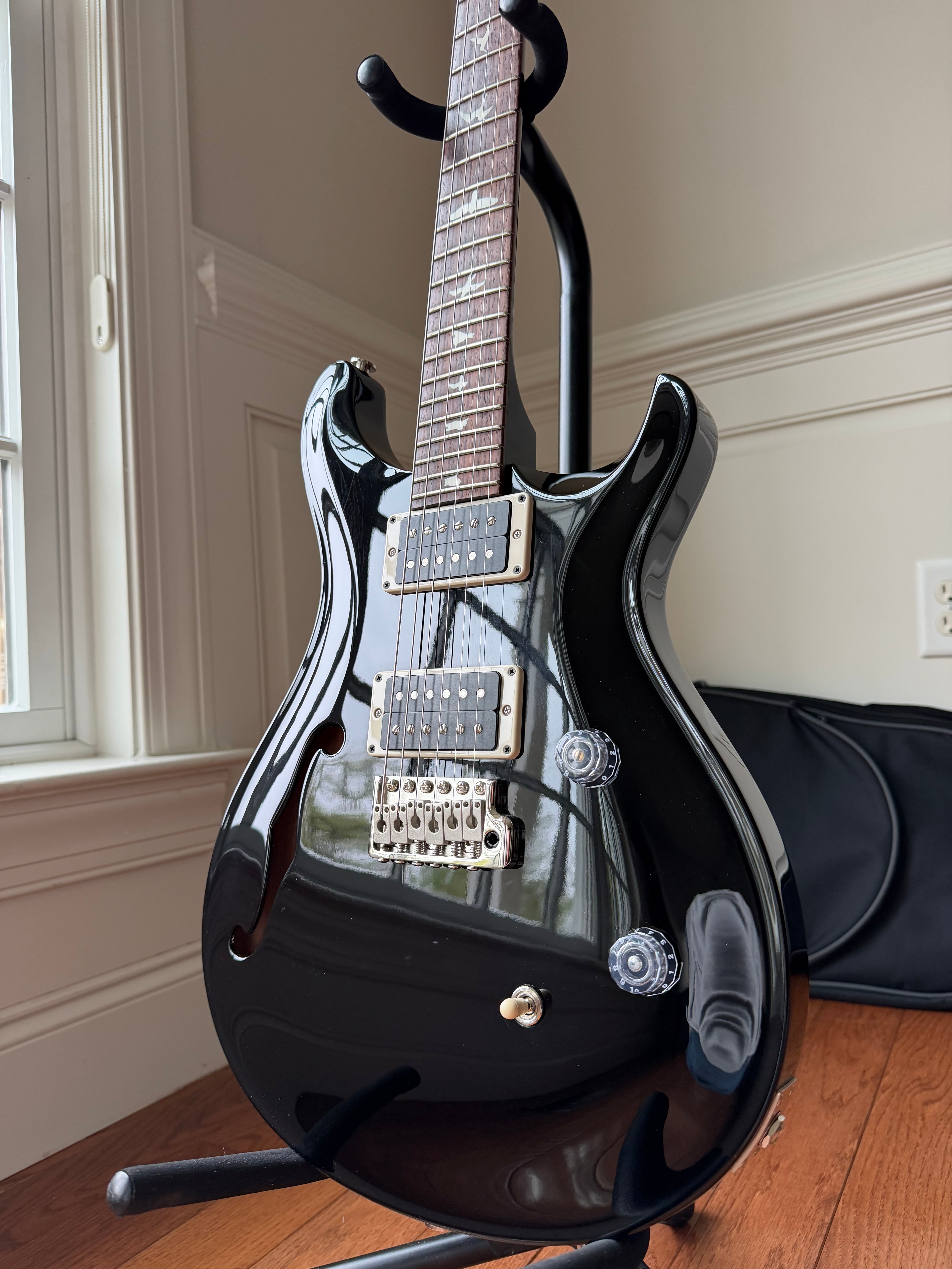 2021 PRS CE24 Semi-Hollow Custom Color Blackout Headstock Back - Black