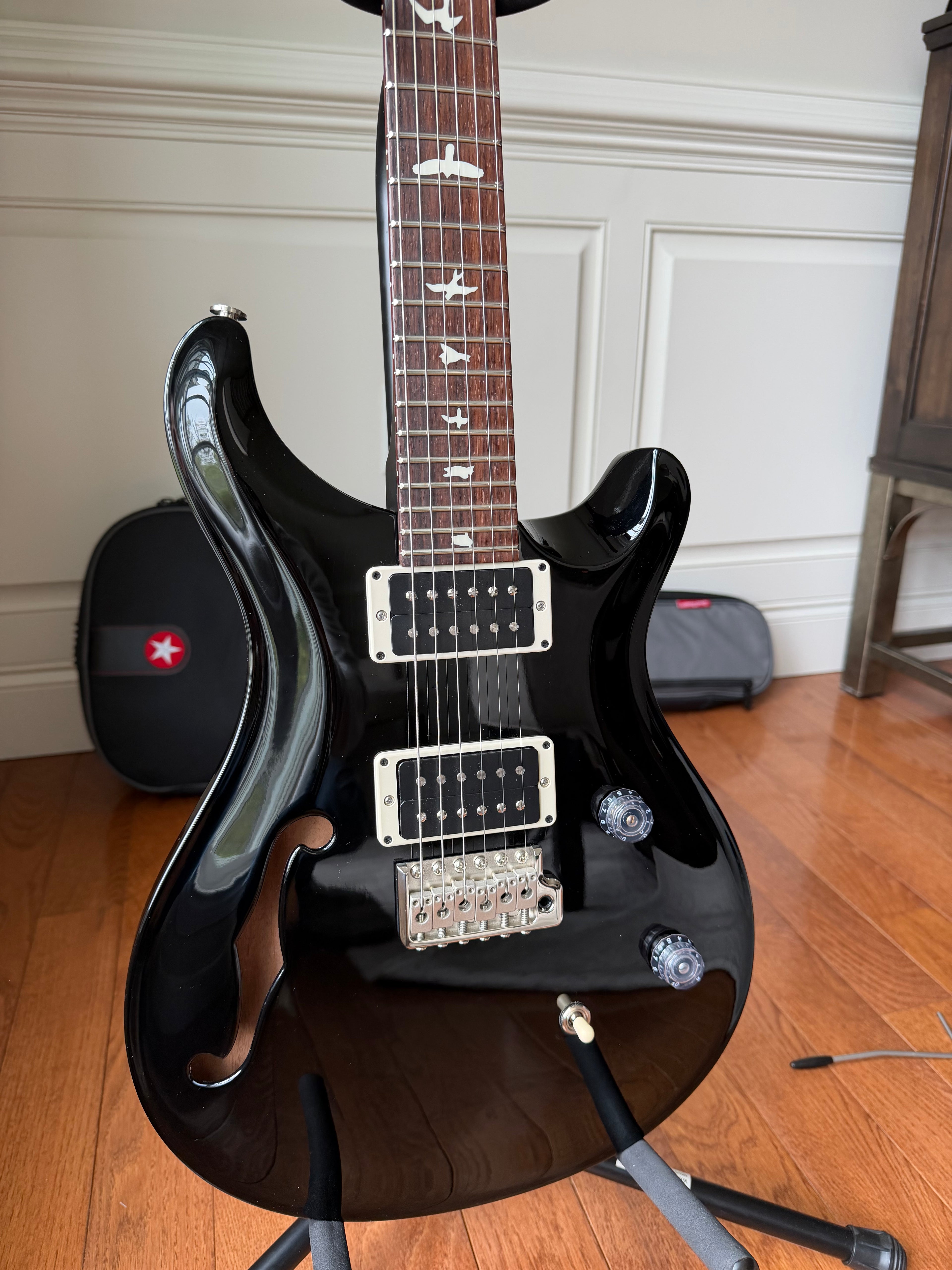 2021 PRS CE24 Semi-Hollow Custom Color Blackout Headstock Back - Black