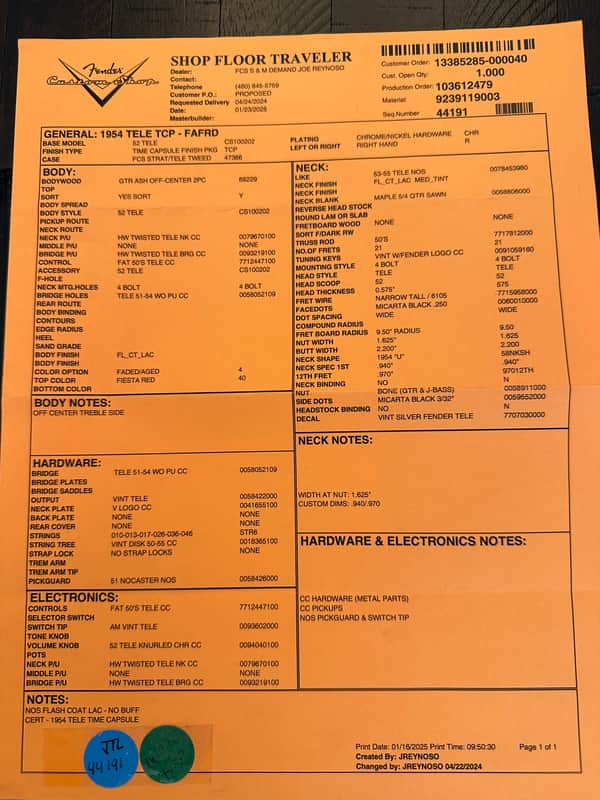 2025 Fender Custom Shop ‘54 Telecaster TCP Time Capsule - Faded Aged Fiesta Red